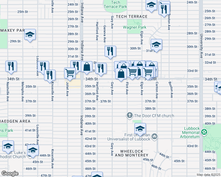 map of restaurants, bars, coffee shops, grocery stores, and more near 3201 35th Street in Lubbock