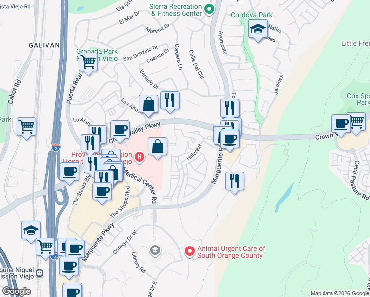map of restaurants, bars, coffee shops, grocery stores, and more near in Mission Viejo