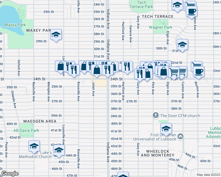 map of restaurants, bars, coffee shops, grocery stores, and more near 3319 35th Street in Lubbock
