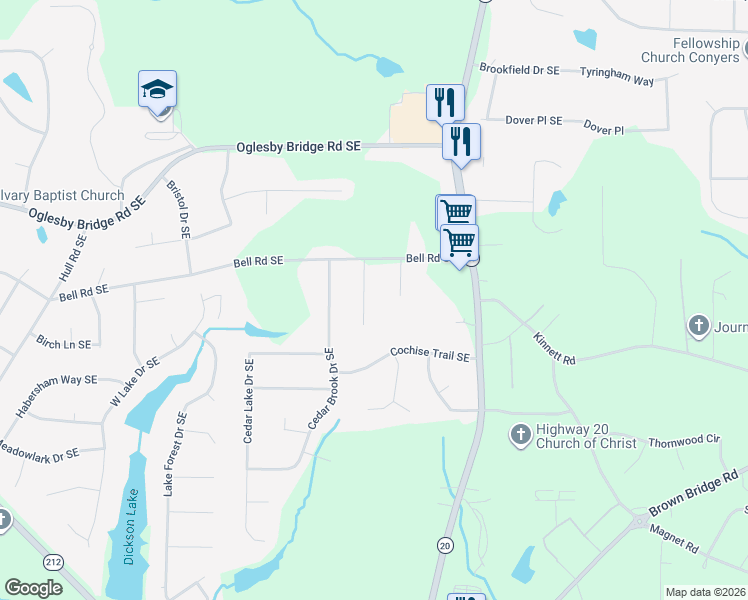 map of restaurants, bars, coffee shops, grocery stores, and more near 4750 Bell Circle Southeast in Conyers