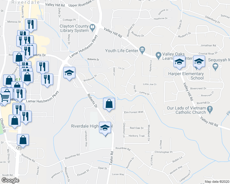 map of restaurants, bars, coffee shops, grocery stores, and more near 223 Brookview Drive in Riverdale