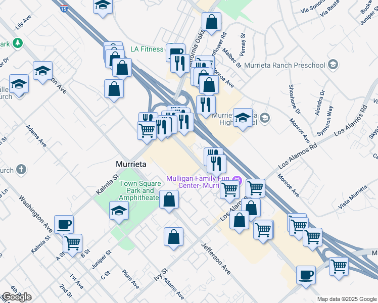 map of restaurants, bars, coffee shops, grocery stores, and more near 24661 Madison Avenue in Murrieta