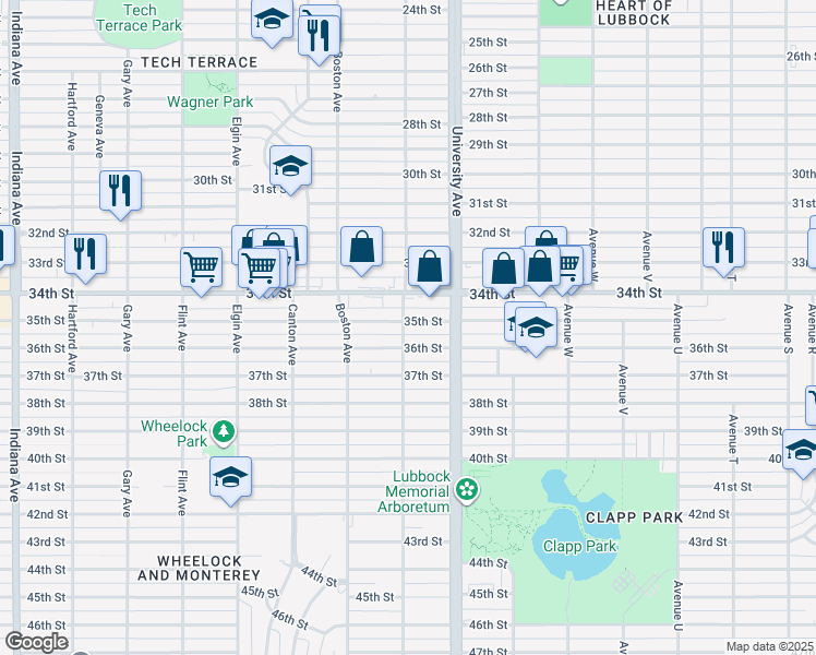 map of restaurants, bars, coffee shops, grocery stores, and more near 2520 35th Street in Lubbock
