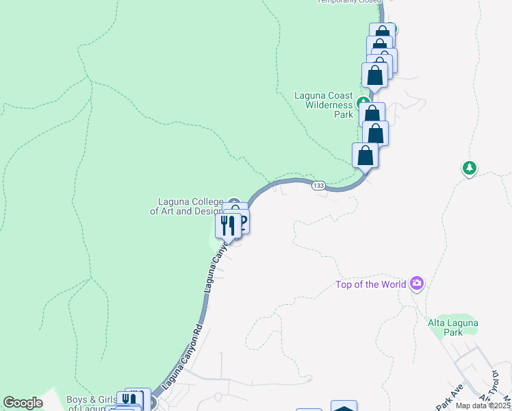 map of restaurants, bars, coffee shops, grocery stores, and more near 2375 Laguna Canyon Road in Laguna Beach