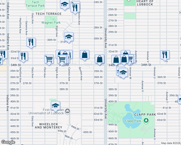 map of restaurants, bars, coffee shops, grocery stores, and more near 2520 35th Street in Lubbock