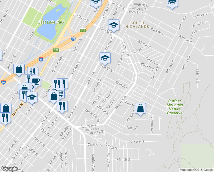 map of restaurants, bars, coffee shops, grocery stores, and more near 7999 6th Avenue South in Birmingham