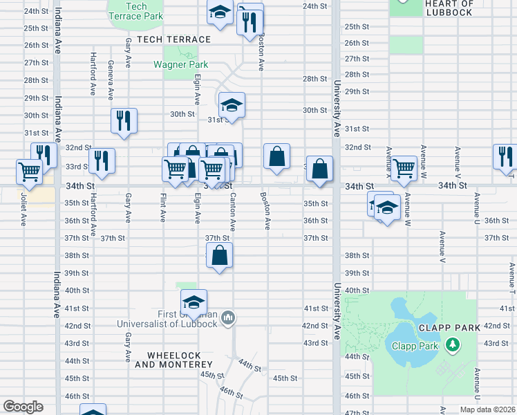 map of restaurants, bars, coffee shops, grocery stores, and more near 2705 35th Street in Lubbock