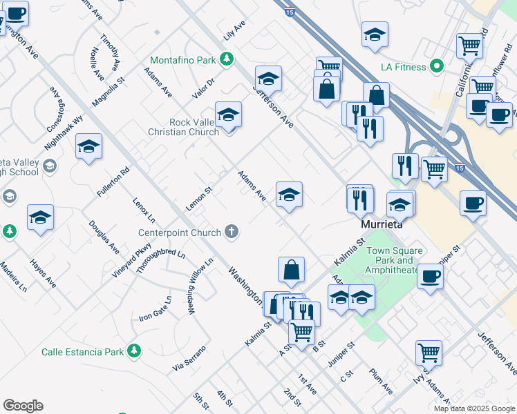 map of restaurants, bars, coffee shops, grocery stores, and more near 41548 Hutchison Court in Murrieta