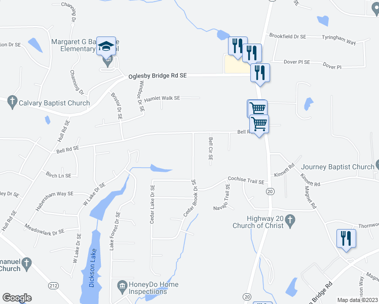 map of restaurants, bars, coffee shops, grocery stores, and more near 4641 Cedar Brook Drive Southeast in Conyers