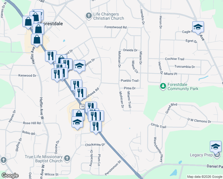 map of restaurants, bars, coffee shops, grocery stores, and more near 1371 Cleburn Avenue Southwest in Birmingham