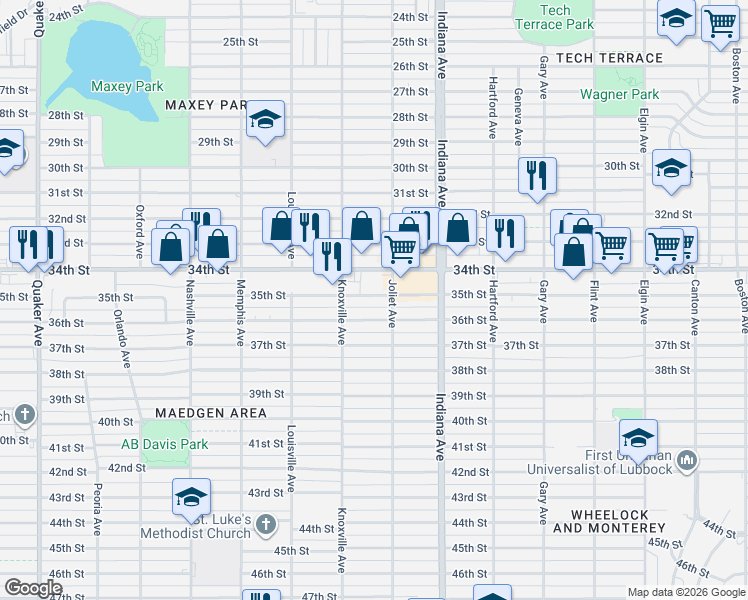 map of restaurants, bars, coffee shops, grocery stores, and more near 3414 Joliet Avenue in Lubbock