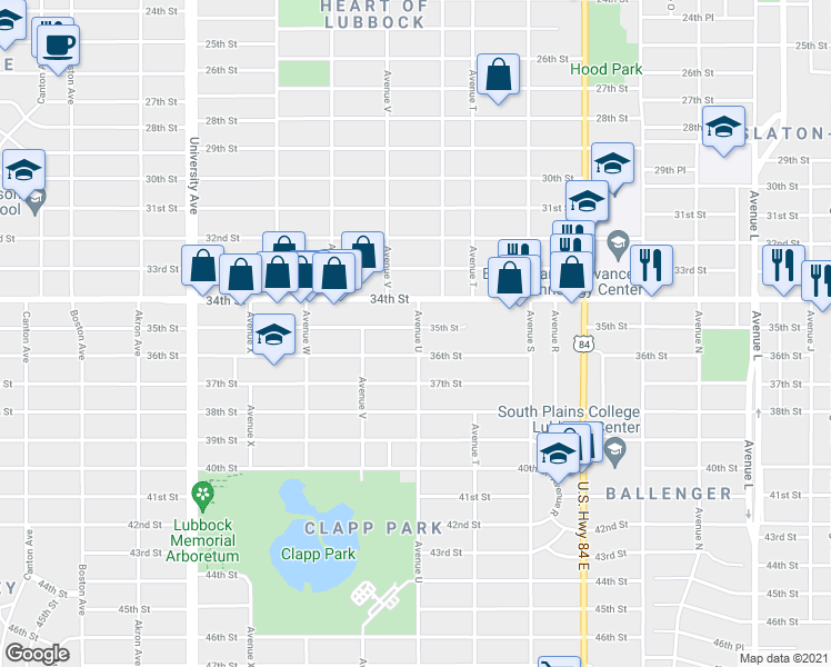 map of restaurants, bars, coffee shops, grocery stores, and more near 3410 Avenue U in Lubbock
