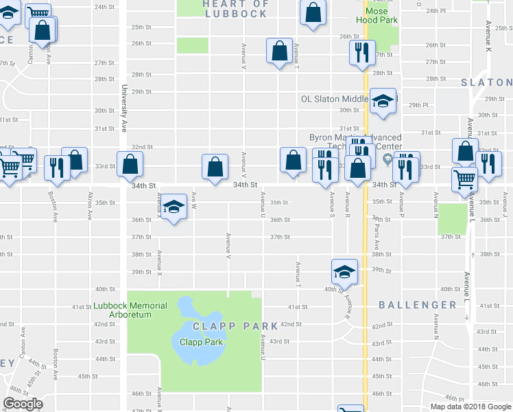 map of restaurants, bars, coffee shops, grocery stores, and more near 3410 Avenue U in Lubbock