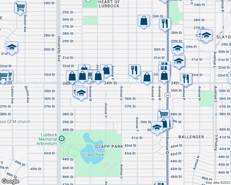 map of restaurants, bars, coffee shops, grocery stores, and more near 3410 Avenue U in Lubbock