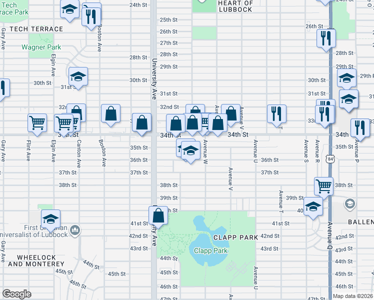 map of restaurants, bars, coffee shops, grocery stores, and more near 2322 35th Street in Lubbock