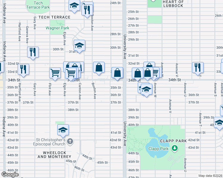 map of restaurants, bars, coffee shops, grocery stores, and more near 2520 35th Street in Lubbock