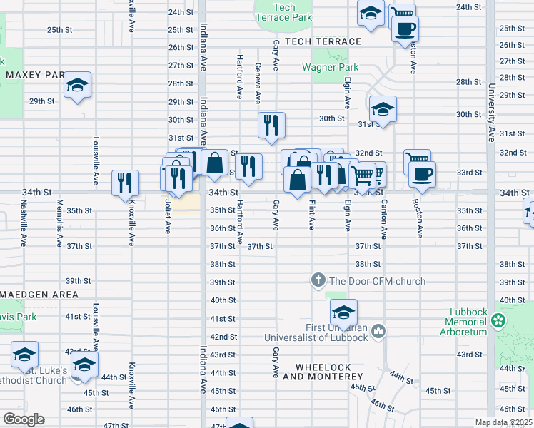map of restaurants, bars, coffee shops, grocery stores, and more near 3212 35th Street in Lubbock