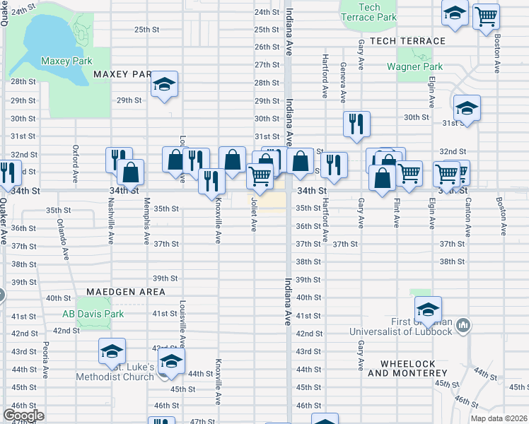 map of restaurants, bars, coffee shops, grocery stores, and more near 3405 34th Street in Lubbock