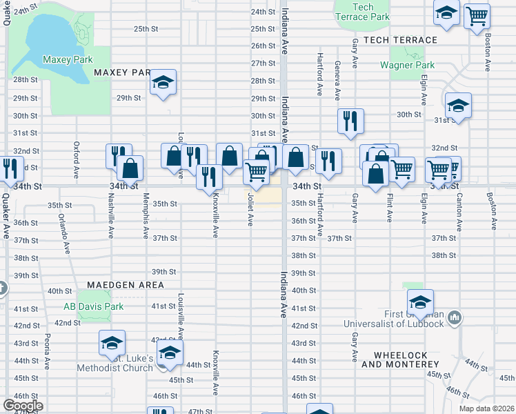 map of restaurants, bars, coffee shops, grocery stores, and more near 3405 34th Street in Lubbock