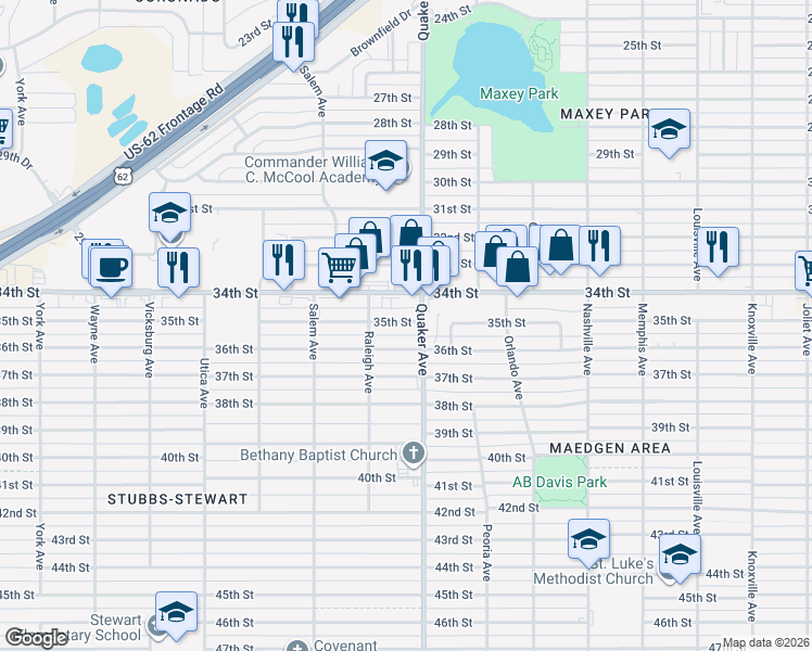 map of restaurants, bars, coffee shops, grocery stores, and more near 4406 35th Street in Lubbock