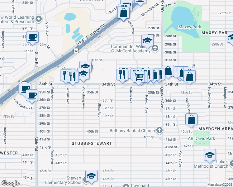 map of restaurants, bars, coffee shops, grocery stores, and more near 3411 Toledo Avenue in Lubbock