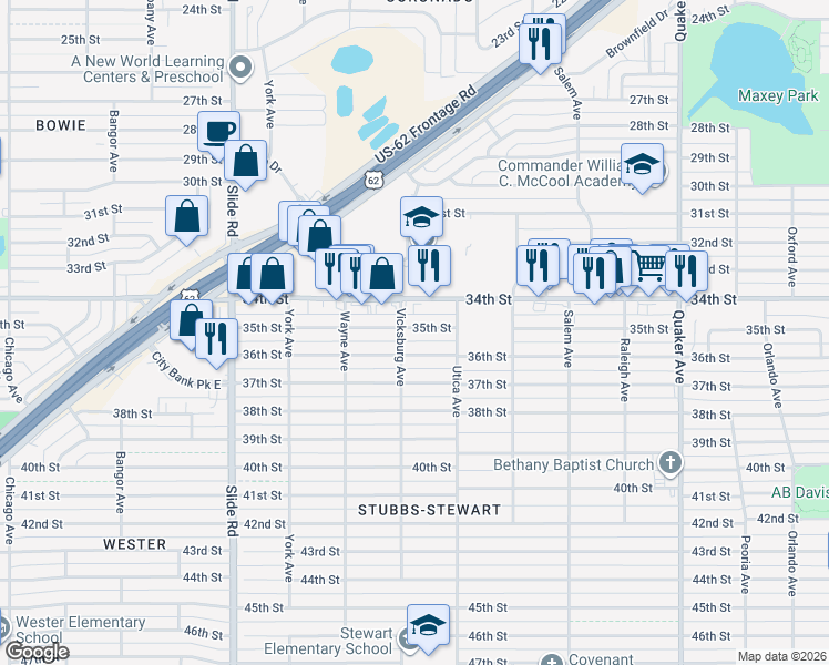 map of restaurants, bars, coffee shops, grocery stores, and more near 4902 35th Street in Lubbock