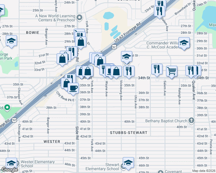 map of restaurants, bars, coffee shops, grocery stores, and more near 4920 35th Street in Lubbock