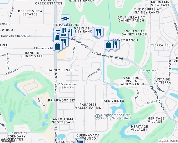 map of restaurants, bars, coffee shops, grocery stores, and more near 7487 East Timberlane Court in Scottsdale
