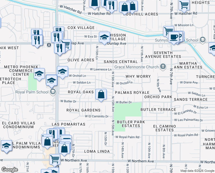 map of restaurants, bars, coffee shops, grocery stores, and more near 1509 West Orchid Lane in Phoenix