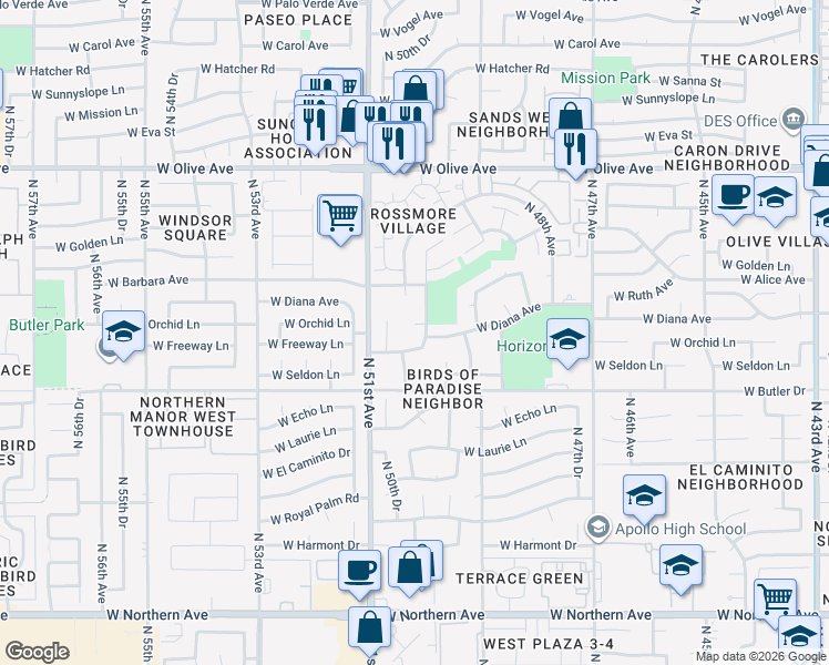 map of restaurants, bars, coffee shops, grocery stores, and more near 5004 West Ruth Avenue in Glendale