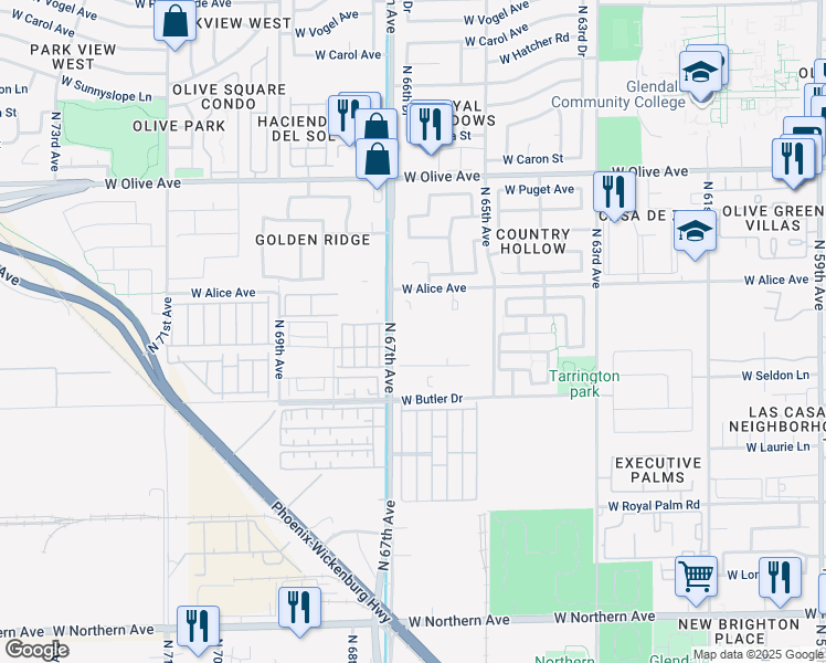 map of restaurants, bars, coffee shops, grocery stores, and more near 8611 North 67th Avenue in Glendale