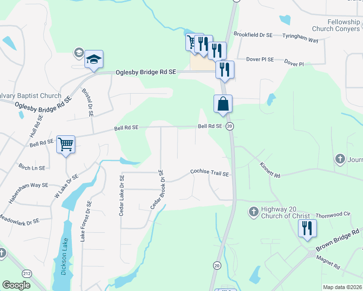map of restaurants, bars, coffee shops, grocery stores, and more near 4750 Bell Circle Southeast in Conyers