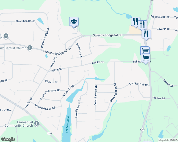 map of restaurants, bars, coffee shops, grocery stores, and more near 4671 West Lake Drive Southeast in Conyers