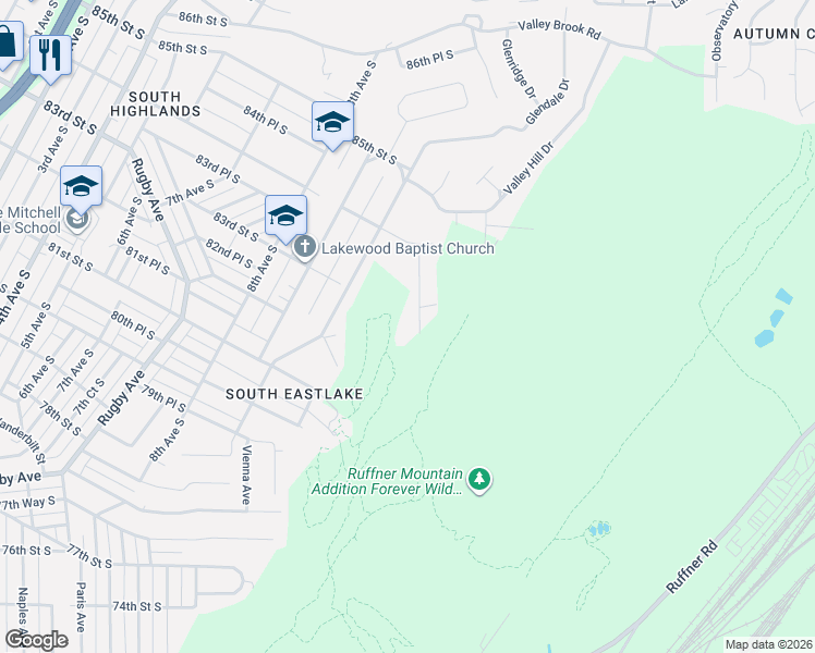map of restaurants, bars, coffee shops, grocery stores, and more near 8216 12th Avenue South in Birmingham