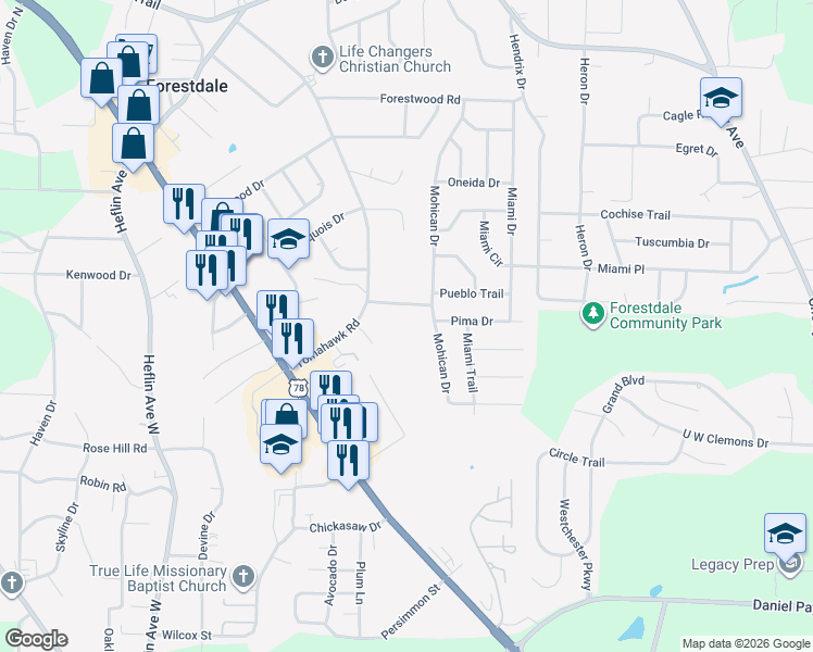 map of restaurants, bars, coffee shops, grocery stores, and more near 1371 Cleburn Avenue Southwest in Birmingham
