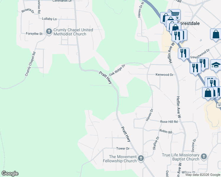 map of restaurants, bars, coffee shops, grocery stores, and more near 1444 Pratt Highway in Birmingham