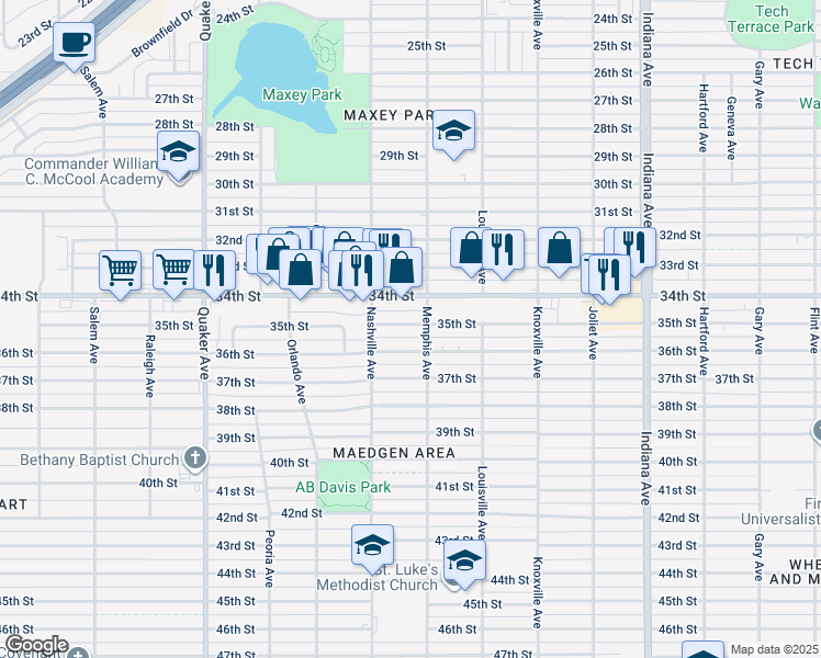 map of restaurants, bars, coffee shops, grocery stores, and more near 3802 35th Street in Lubbock