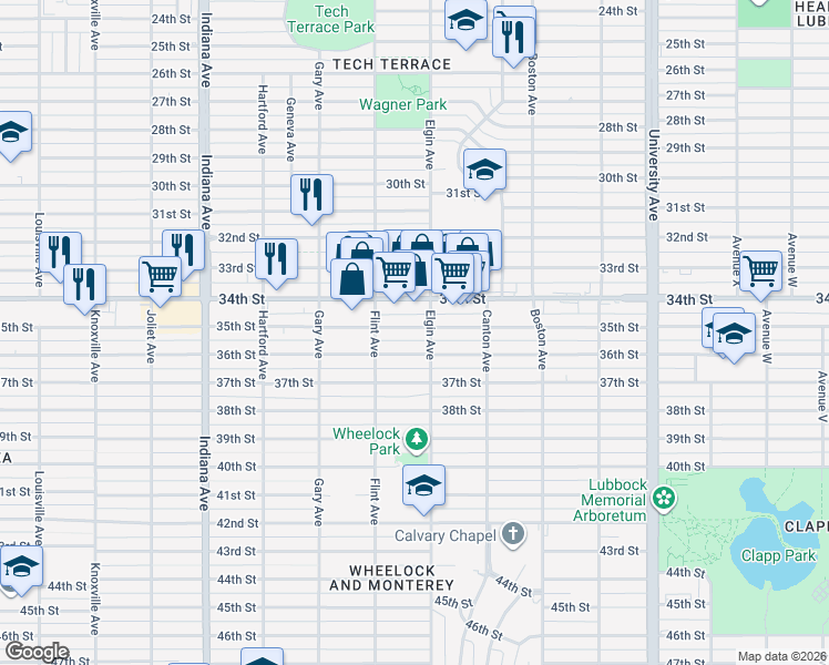 map of restaurants, bars, coffee shops, grocery stores, and more near 3008 35th Street in Lubbock