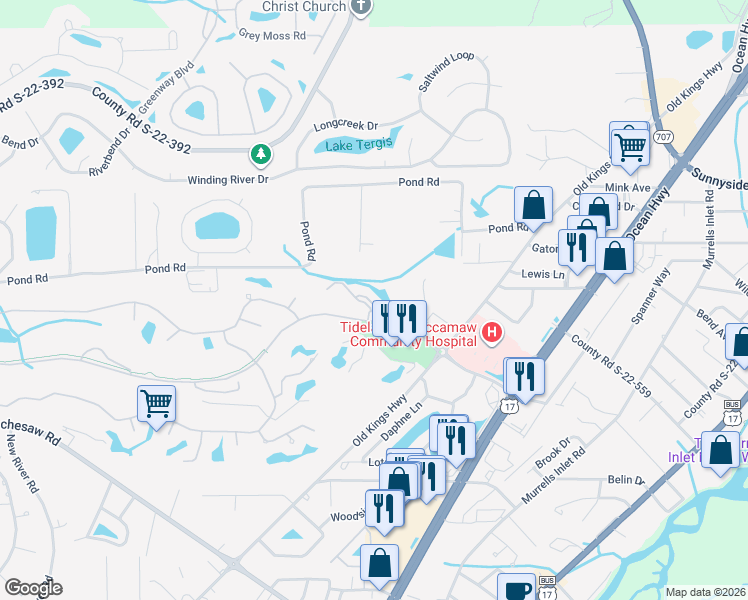 map of restaurants, bars, coffee shops, grocery stores, and more near 4436 Lady Banks Lane in Murrells Inlet