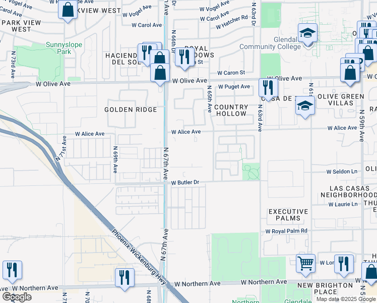 map of restaurants, bars, coffee shops, grocery stores, and more near 8611 North 67th Avenue in Glendale