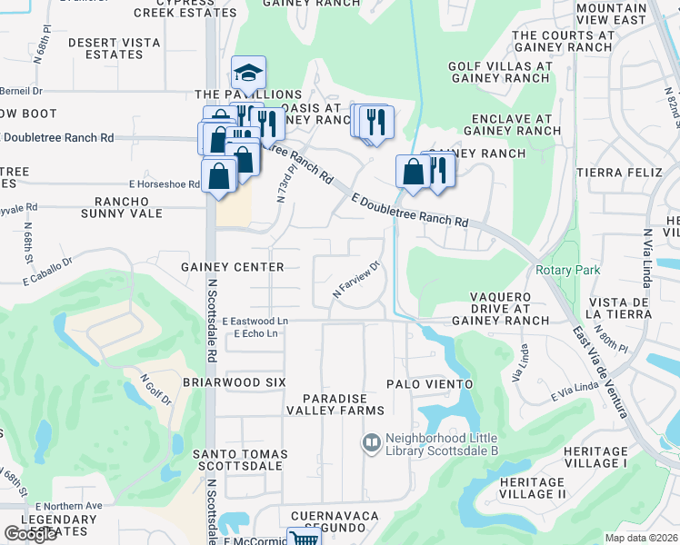 map of restaurants, bars, coffee shops, grocery stores, and more near 7487 East Timberlane Court in Scottsdale