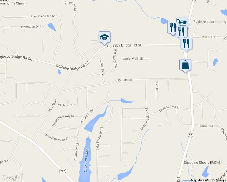 map of restaurants, bars, coffee shops, grocery stores, and more near 4671 W Lake Drive Southeast in Conyers
