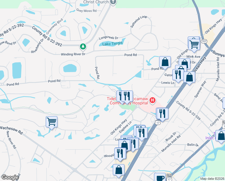 map of restaurants, bars, coffee shops, grocery stores, and more near 4436 Lady Banks Lane in Murrells Inlet