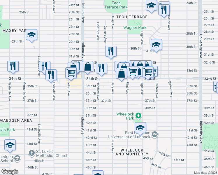 map of restaurants, bars, coffee shops, grocery stores, and more near 3205 35th Street in Lubbock