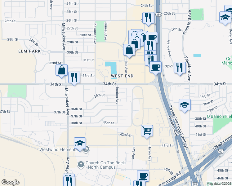map of restaurants, bars, coffee shops, grocery stores, and more near 3407 Juneau Avenue in Lubbock