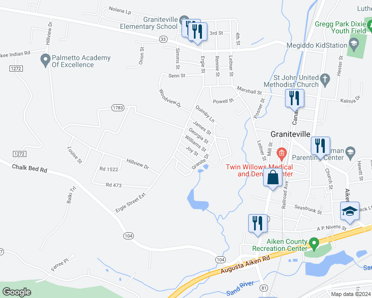 map of restaurants, bars, coffee shops, grocery stores, and more near 104 Joy Street in Graniteville