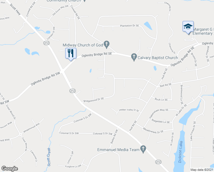 map of restaurants, bars, coffee shops, grocery stores, and more near 192 Greenbriar Court Southeast in Conyers