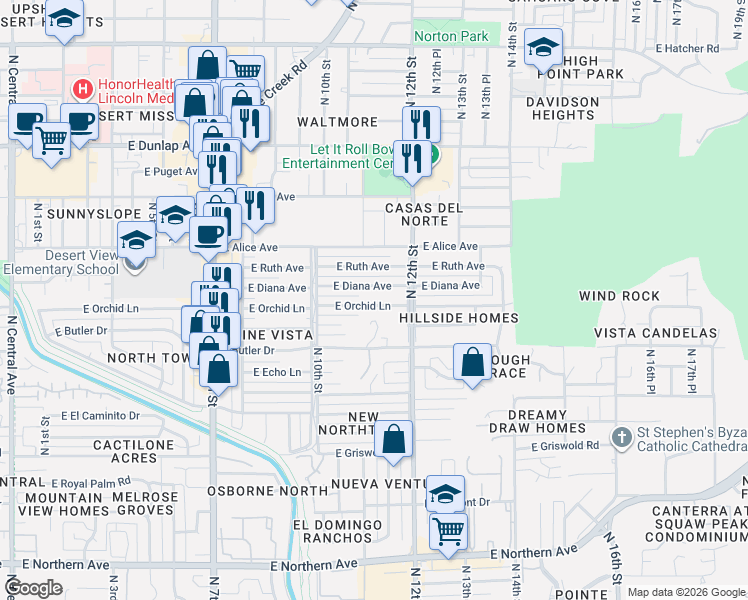 map of restaurants, bars, coffee shops, grocery stores, and more near 1041 East Diana Avenue in Phoenix