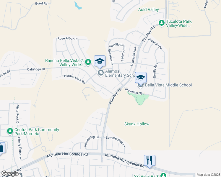 map of restaurants, bars, coffee shops, grocery stores, and more near 38551 Tranquila Avenue in Murrieta