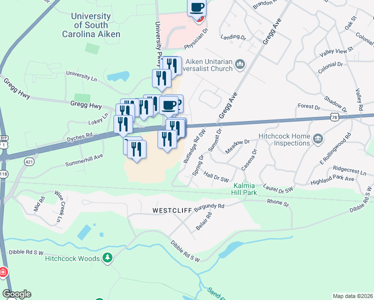map of restaurants, bars, coffee shops, grocery stores, and more near 818 Rutledge Road Southwest in Aiken